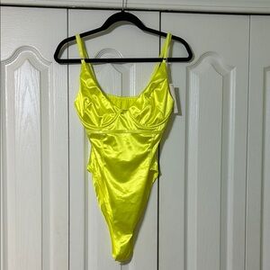 Velour Neon Yellow Satin Bodysuit